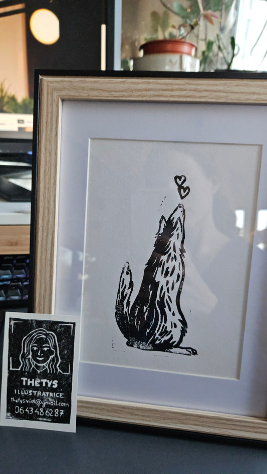 Le chien amoureux - Linogravure encadrée