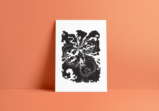 Linogravure - Dragon, nuage, fumée, fantasy, créature - linocut - print, affiche, art mural, décoration d'intérieur - édition limitée 50 ex