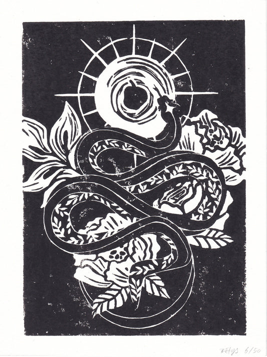 Linogravure - Tatoo serpent - linocut - print - impression à la main - édition limitée à 50 exemplaires