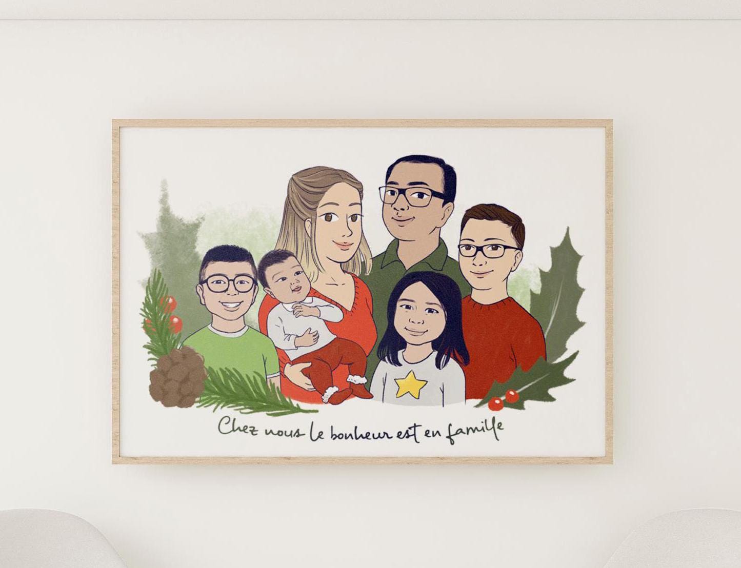 Portrait de famille personnalisé - style BD - numérique, illustration personnalisée, photo personnalisée, portrait dessiné, cadeau, cartoon