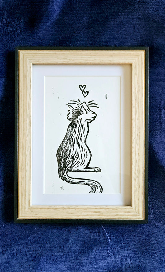 Moustache, le chat amoureux - linogravure encadrée