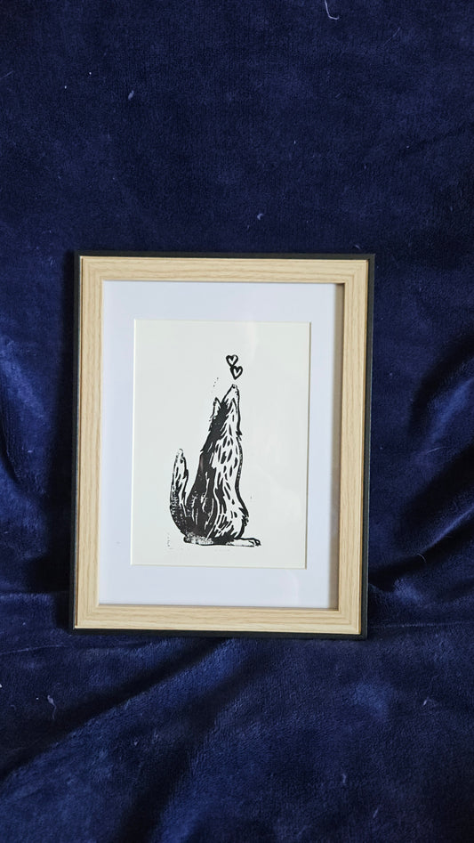 Le chien amoureux - Linogravure encadrée