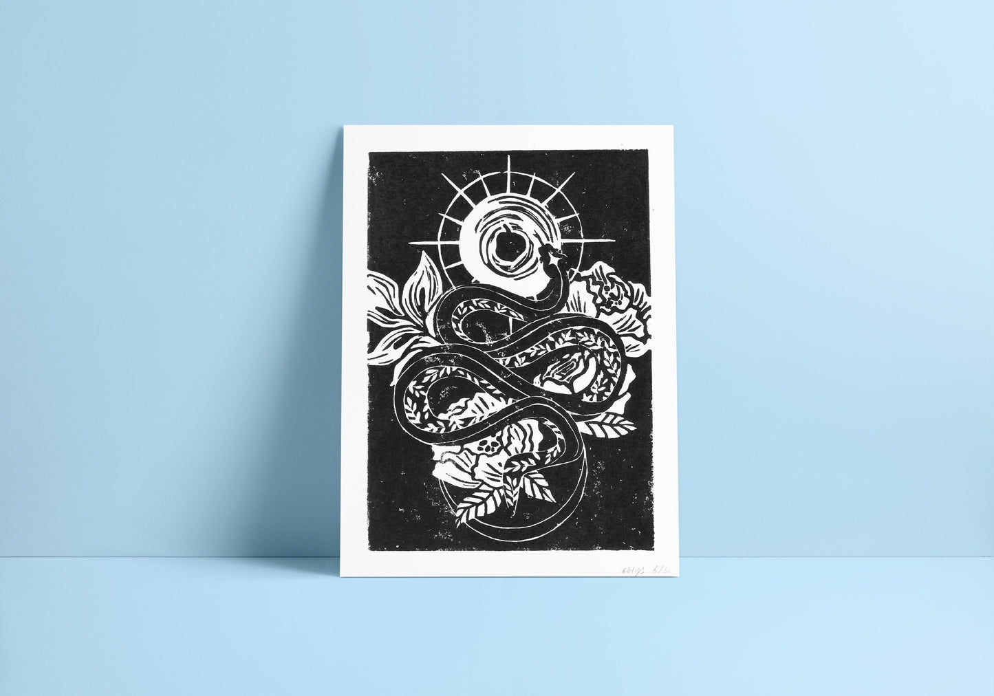 Linogravure - Tatoo serpent - linocut - print - impression à la main - édition limitée à 50 exemplaires