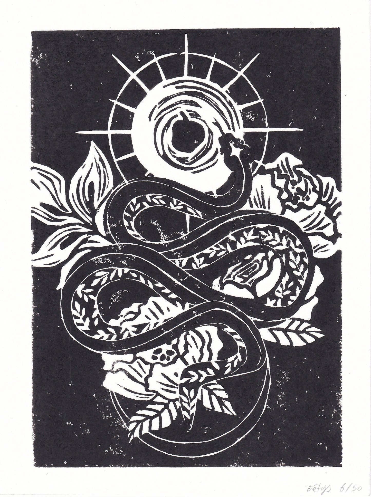 Linogravure - Tatoo serpent - linocut - print - impression à la main - édition limitée à 50 exemplaires