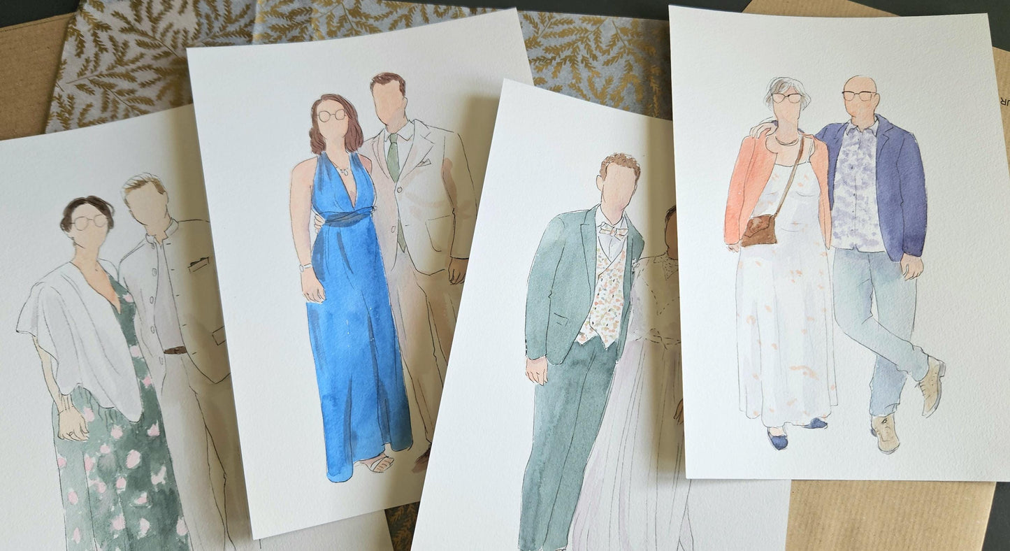 Portrait personnalisé silhouettes à l’aquarelle, souvenir minimaliste sur commande