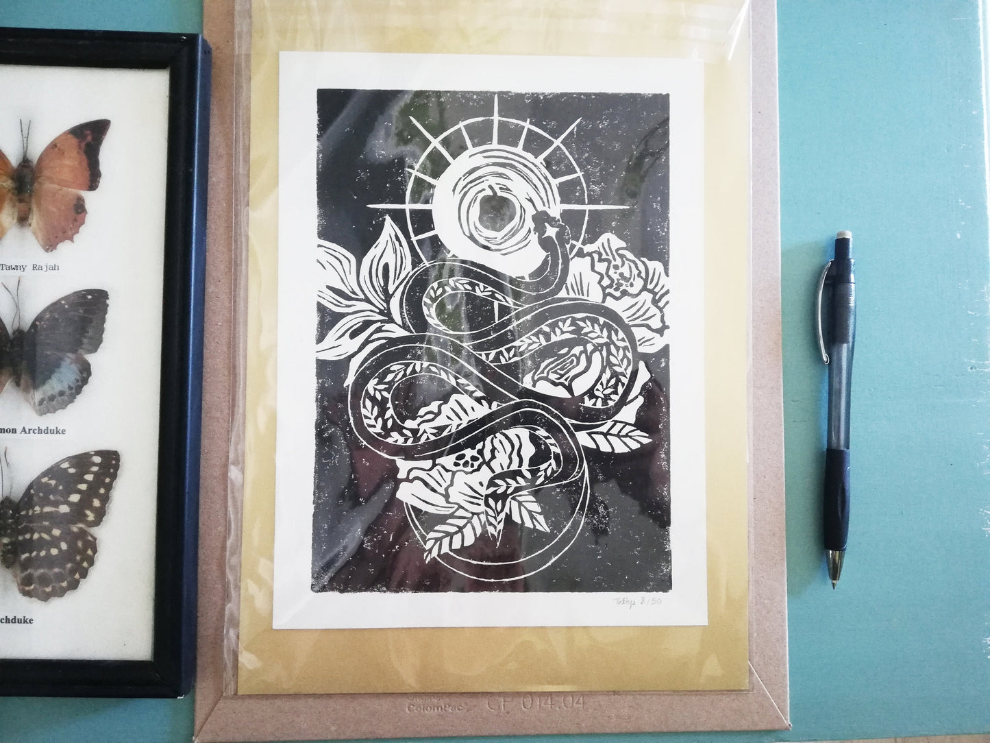 Linogravure - Tatoo serpent - linocut - print - impression à la main - édition limitée à 50 exemplaires