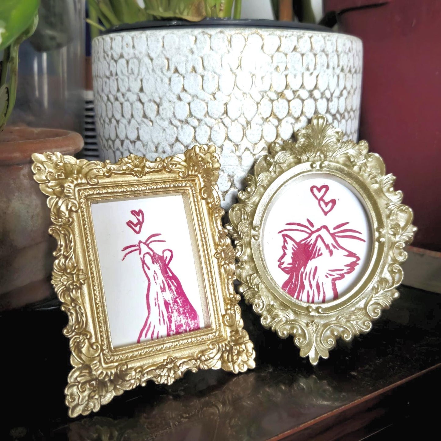 Mini cadres dorés linogravure chat