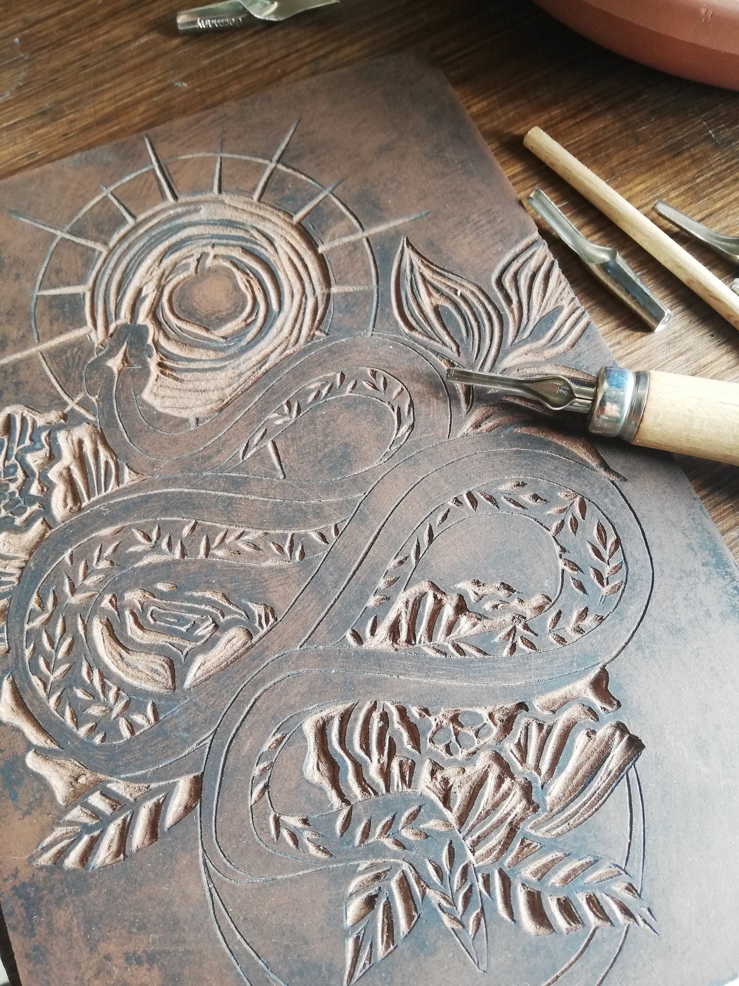 Linogravure - Tatoo serpent - linocut - print - impression à la main - édition limitée à 50 exemplaires